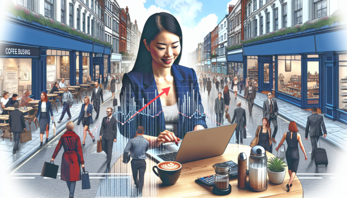 Bustling UK high street scene: small business owner in cafe typing blog on laptop, screen showing rising traffic graphs and arrows.
