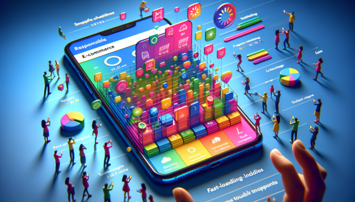 A smartphone screen showing a responsive UK e-commerce site with fast-loading indicators, large buttons, and joyful mobile shoppers interacting.