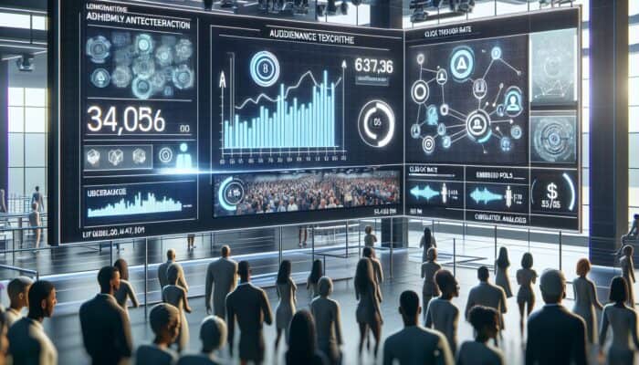 A digital dashboard monitors audience interaction in a vibrant video stream, with embedded polls, clickable overlays, and rising CTR graphs in a high-tech environment.