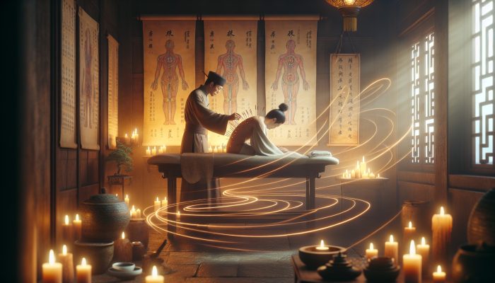 In a serene clinic, an acupuncturist in ancient robes inserts needles into a patient's back, surrounded by meridian charts and candlelight, evoking healing.