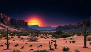 A captivating desert landscape at sunset with a large sun low on the horizon, casting an orange glow. Saguaro cacti and sparse bushes dot the sandy dunes—ideal for Scenic Adventures in California Desert Parks. Rocky mesas rise under a starry sky.