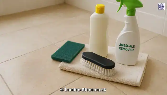 Travertine bathroom floor with abrasive pads, a stiff brush, and acidic cleaner bottles next to a dull, etched patch of stone.