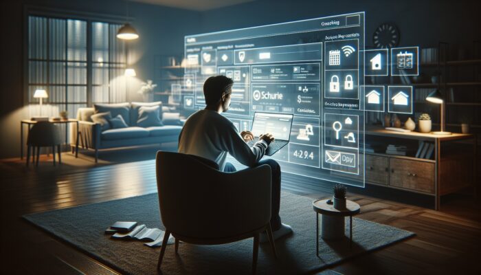 A person reviewing online booking details on a laptop in a cosy home office, with secure payment icons and a calendar.