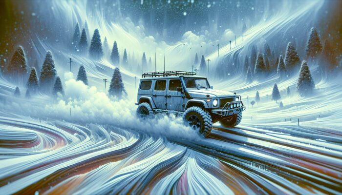 A robust SUV fitted with snow tires and a powerful heating system navigating safely through icy, snowy roads.