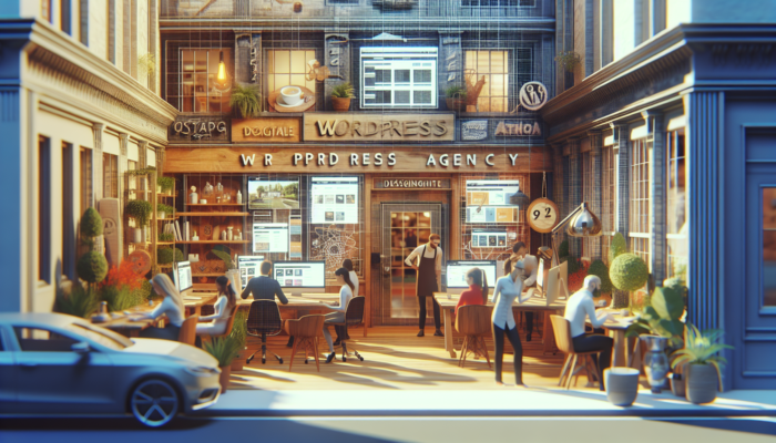 Modern WordPress agency office in Devizes, UK: designers collaborating on a custom café website with responsive layouts and vibrant menus.