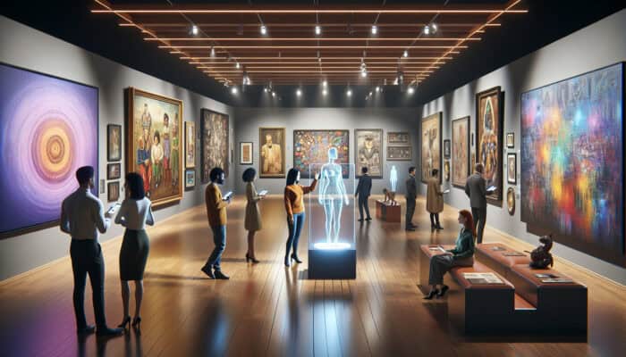 Diverse experts discuss with holographic virtual assistants in a modern art gallery, surrounded by vibrant paintings and sculptures under warm spotlights.