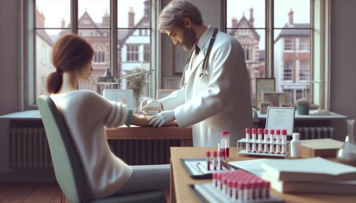 Pregnancy Blood Test in Pontypool: A doctor in a white coat draws blood from a hopeful woman in a serene NHS clinic, surrounded by hCG test kits and medical charts.