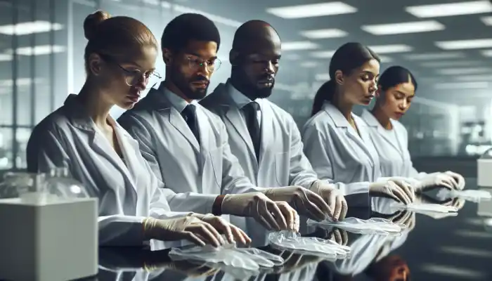Experts in a sterile laboratory examining clear vinyl gloves suitable for low-risk tasks, with charts and advanced equipment.