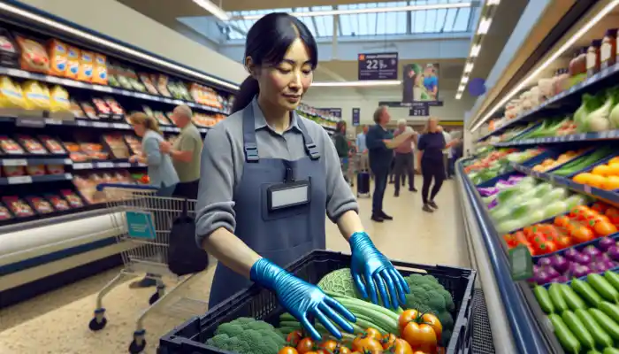 A UK retail worker in a busy supermarket wearing blue vinyl gloves while handling produce and assisting customers, displaying slight wear.