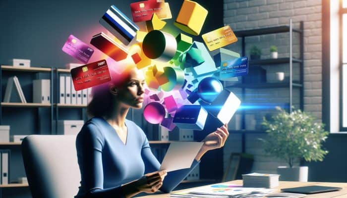 UK borrower in a modern home office reviews colorful debt graphs and credit cards transforming into a glowing loan document, symbolizing financial freedom.