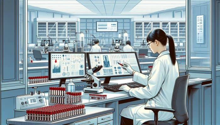Liver Blood Test in Bedworth: A focused technician in a white coat analyzes blood samples for liver tests in a modern NHS lab, surrounded by test tubes, microscopes, and digital screens.