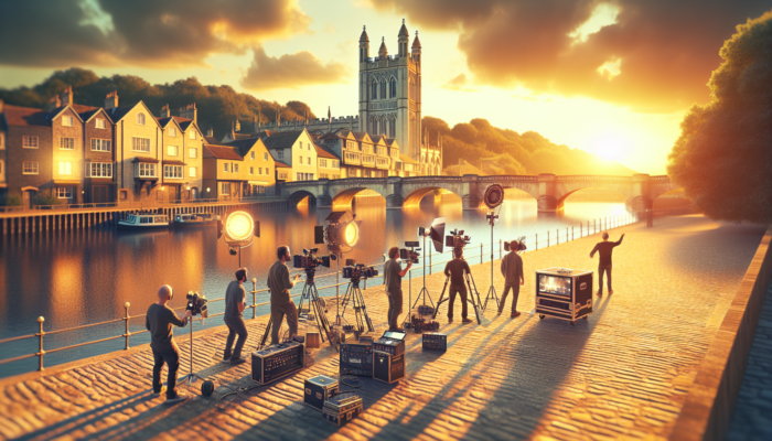Professional video crew filming by the River Avon in Keynsham, with cameras and lights amid historic buildings under a sunset sky.
