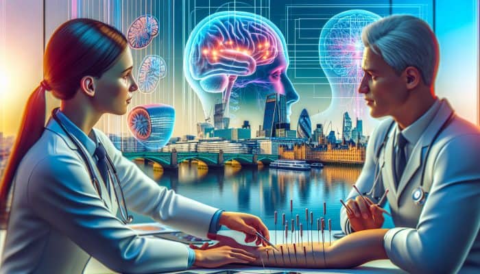 Doctors in a modern UK neurology clinic evaluate acupuncture's efficacy, with needles in a patient's arm, brain scans, charts, and views of the London skyline.