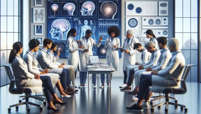 Doctors in white coats discuss acupuncture for neurology in a modern UK hospital, with an expert demonstrating needle insertion on a patient surrounded by charts and ambient lighting.