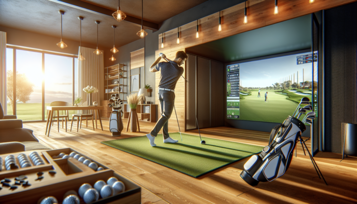A focused golfer practices on a high-tech indoor simulator