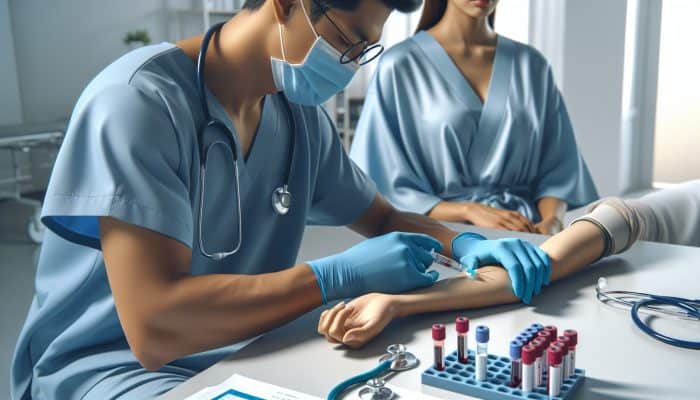 Nurse in blue scrubs drawing blood from patient's arm with syringe for cortisol test, with labeled vials and equipment on sterile tray in modern clinic.