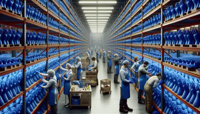 In a bustling Lichfield warehouse, rows of shiny blue polythene gauntlet gloves sit on metal shelves, with workers inspecting them under bright lights.