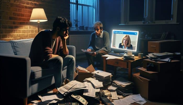 Worried unemployed borrower at cluttered desk with bills in dimly lit UK flat, viewing debt charity advisor on laptop.