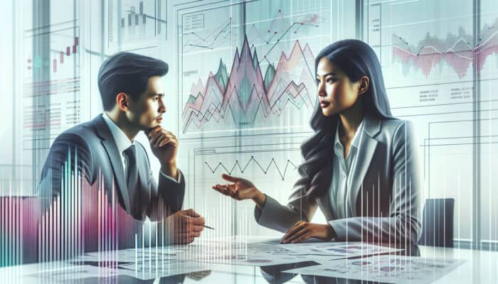 A financial advisor discusses investment charts with a diverse client in a modern office, focusing on goals and risks.