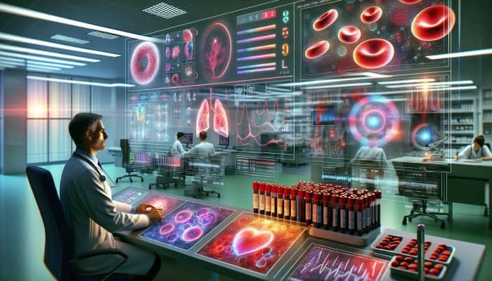 When is a Full Health Blood Test Recommended: A doctor in an NHS clinic examines blood test vials and screens displaying red blood cells, cholesterol graphs, and liver function charts under bright lights.