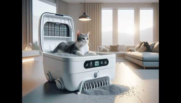 Self-Cleaning Litter Boxes for Cats: Sleek high-tech self-cleaning litter box with automated scooping arms, sensors, and vents in a bright modern home, contented cat nearby.