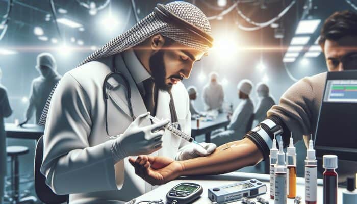 A healthcare professional draws blood from a patient's arm in a sterile laboratory, surrounded by glucometers, HbA1c kits, and glucose charts under bright lights.