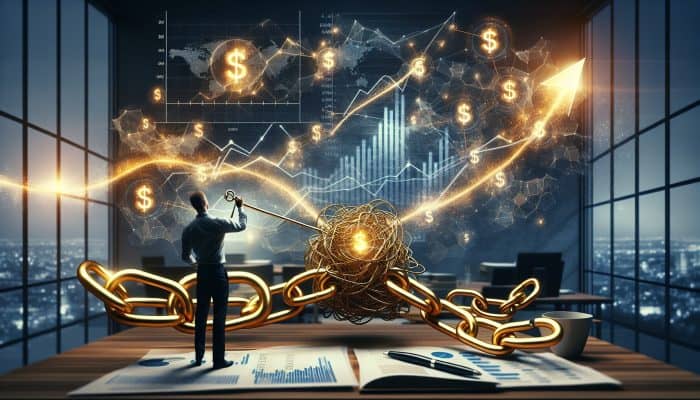 Illustration of a person merging tangled loan chains into a single golden chain in an office, with rising graphs and currency symbols representing debt consolidation relief.