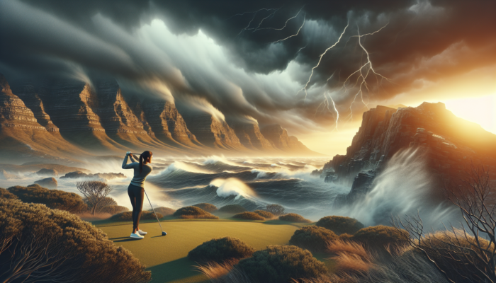 How to Play Golf in Windy Conditions: A dramatic South African landscape with fierce southeasterly winds over Cape Town's coastline, shifting highveld gusts, and a focused golfer strategizing.