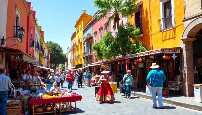 A lively street scene in San Miguel de Allende showcasing colourful colonial architecture, bustling artisan markets, and energetic street performers under a clear blue sky.