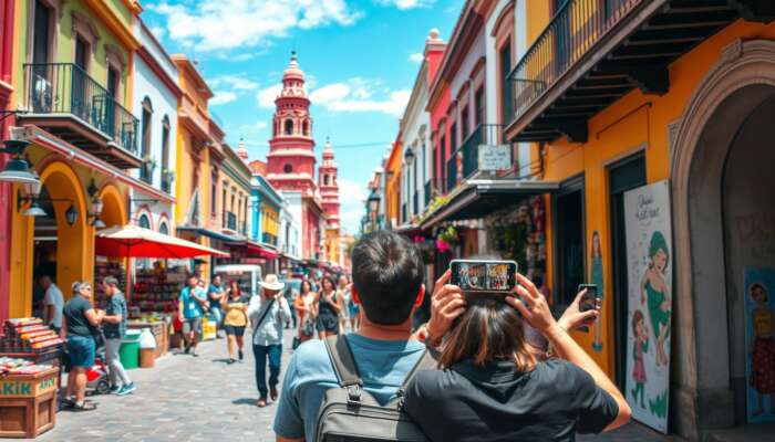 Vibrant street scene in San Miguel de Allende featuring colourful colonial architecture, lively markets, and influencers capturing local culture with smartphones amidst artistic murals and traditional festivals.