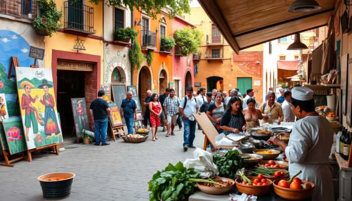 A lively street scene in San Miguel de Allende showcasing local artists painting murals against colourful colonial architecture, while a chef prepares traditional Mexican dishes in an open-air kitchen, highlighting cultural exchange and culinary experiences.