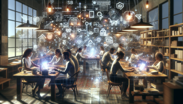 Small business owners in a Patchway shop analyse SEO data on screens, engage social media, and manage email campaigns for local growth.