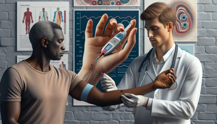 Diabetes Blood Test in Stratford upon Avon: Healthcare professional drawing blood for HbA1c test in NHS clinic, surrounded by glucose meters, charts, and diabetes management posters.