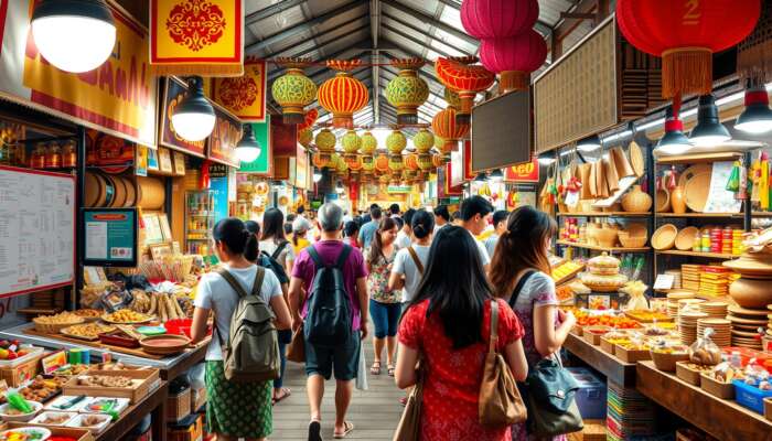 A diverse group of tourists engaging with local artisans in a bustling market filled with traditional crafts, cultural performances, and authentic cuisine under vibrant heritage decorations.