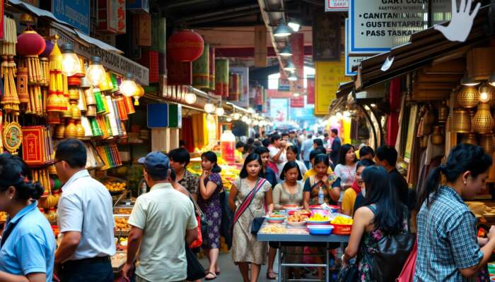 A vibrant street market bustling with locals and tourists, featuring colourful crafts, traditional foods, and cultural performances, underscoring active engagement and interaction.