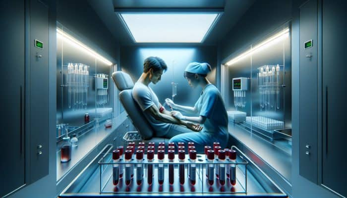 In a UK NHS clinic, a nurse in blue scrubs draws blood from a patient's arm using a syringe, with labeled test tubes nearby for coeliac detection.