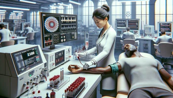 A medical technician draws blood from a patient's arm in a lab, surrounded by test tubes, centrifuges, and digital analyzers.