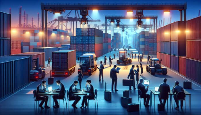 Busy UK customs warehouse at dusk: inspectors examining containers and documents under lights, frustrated businesspeople reviewing tariffs on laptops.