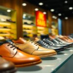 A row of men's dress shoes, showcasing Indonesian quality shoes in various styles and colours like brown and black, is displayed on a glass shelf in a brightly lit shoe store. Shelves in the background hold more options, while a red "50% SALE" sign is partially seen.