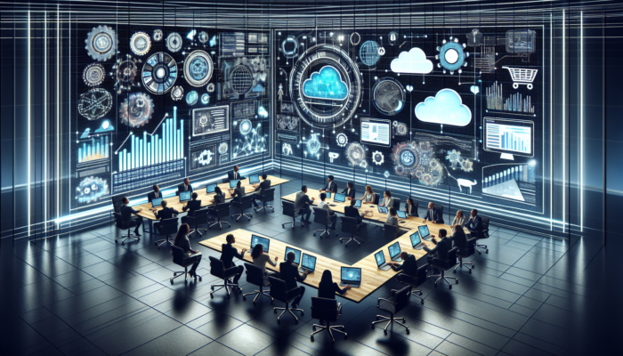 eCommerce specialists in a modern Frome office collaborate at high-tech desks, analyzing data charts and icons of cloud servers, shopping carts, and optimized websites.