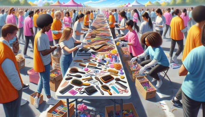 Diverse volunteers at a charity walk arrange hair braiding materials like combs, brushes, and elastics on a colourful table under sunny skies.