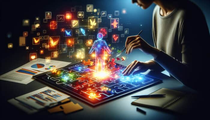 A digital strategist at a sleek desk places glowing keywords into a vibrant webpage, surrounded by charts, symbolizing engaging content creation.