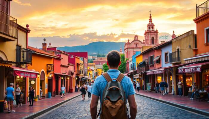 A traveller explores cobblestone streets in San Miguel de Allende, surrounded by colourful colonial buildings, the pink Parroquia spire, and bustling markets under a golden sunset.