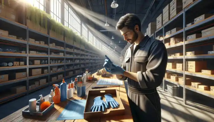 A worker inspects cut-resistant gloves in a bright industrial workshop, surrounded by shelves, cleaning supplies, and tools.