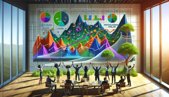 E-commerce analytics dashboard in a modern office, showing colourful graphs of rising conversion rates up 20%, customer acquisition costs, and revenue growth, with celebrating analysts.