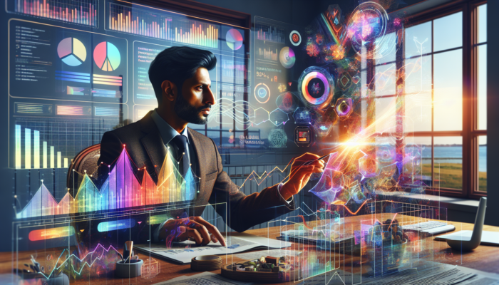 Entrepreneur in Bridport office analyzing e-commerce dashboard with graphs of click-through and conversion rates for business growth.
