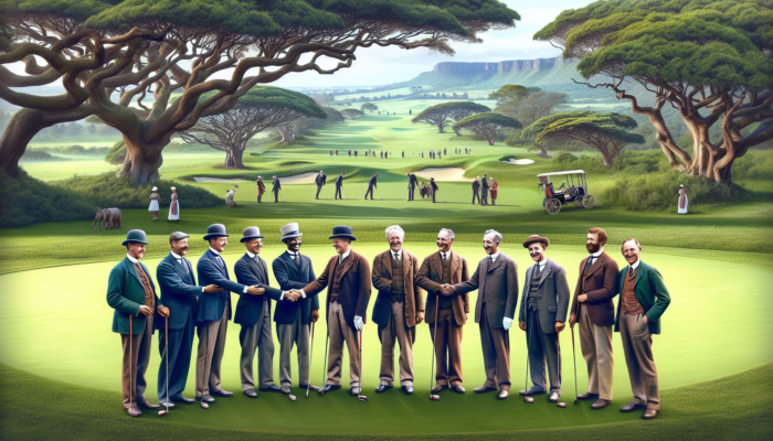 Early 1900s founders of Waterkloof Golf Club shaking hands on a lush South African course with rolling greens and ancient oaks, promoting community.