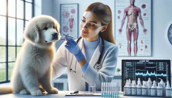 A veterinarian examines a fluffy dog's ear with an otoscope in a clinic, with swabs, cytology slide, and allergy test kits nearby.
