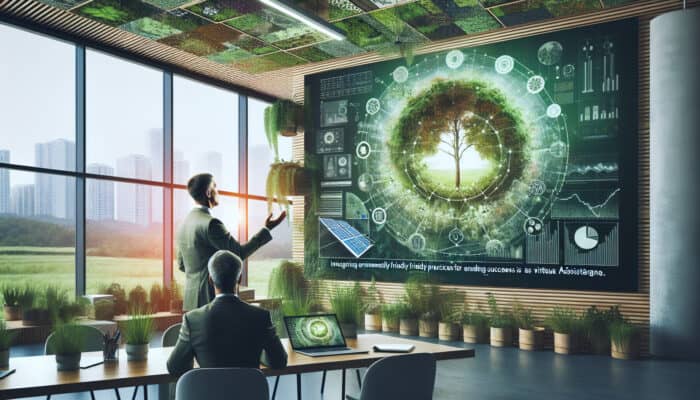 An expert in a contemporary eco-friendly office, surrounded by plants and solar-powered laptops, presents sustainable practices for Virtual Assistant careers.