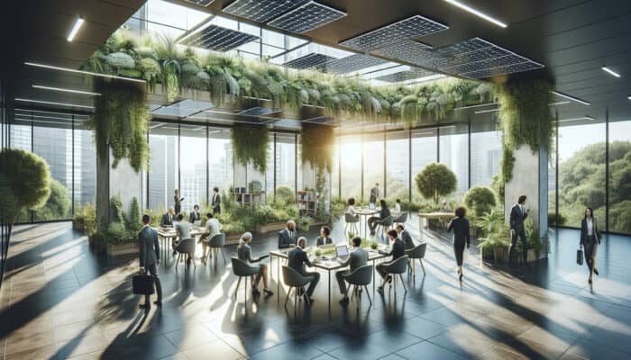 Diverse professionals collaborating in a modern office adorned with lush plants, solar panels, and natural light, symbolising enhanced productivity and job satisfaction.